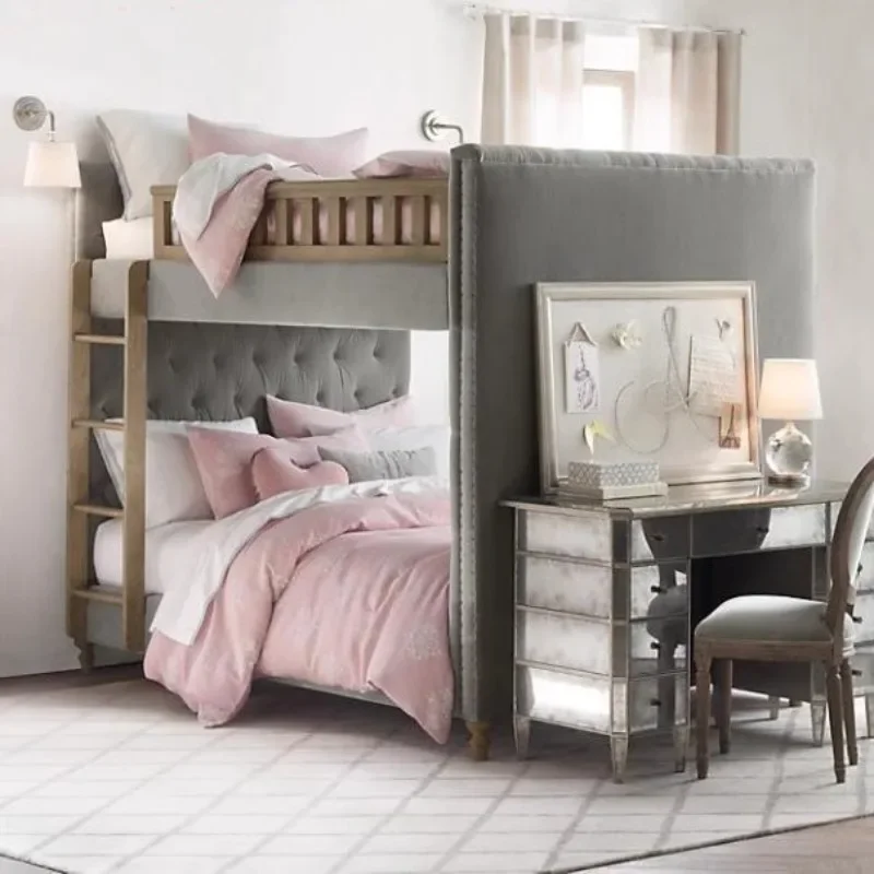 

Nordic simple fabric children's up and down bunk bed light luxury solid wood high and low bed mother and child bed American prin