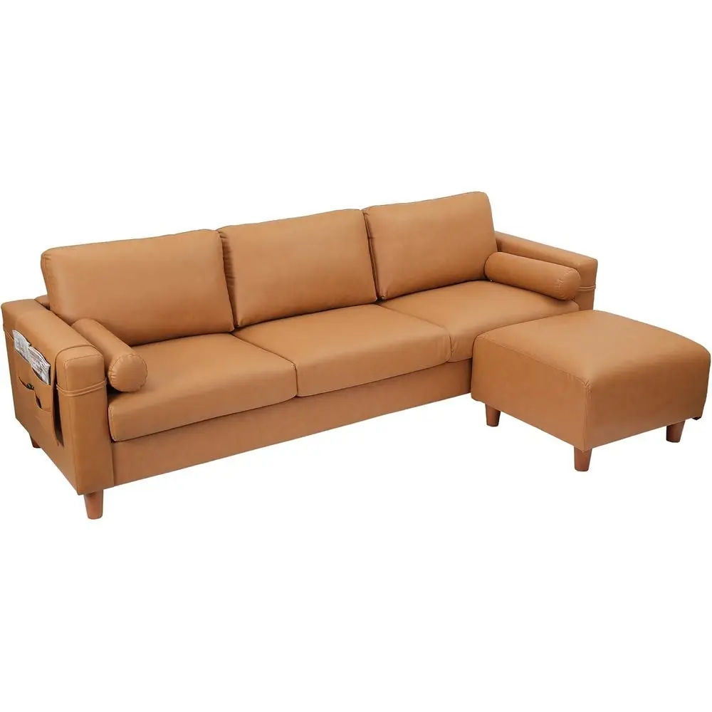 3 Seater L-Shaped PU Leather Sofa with Ottoman, Modern Sectional Couch for Living Room, Camel Color