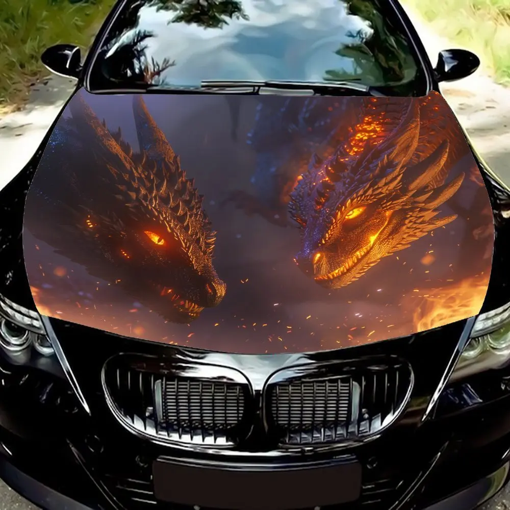 

The Dragons Confronting Each Other Car Hood Decal - Durable PVC Vinyl Wrap For Most Vehicles, Automotive Exterior Accessory | Wa