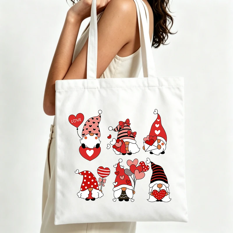 heart gnome graphic canvas tote bag, casual style for daily shopping and Valentine's outings