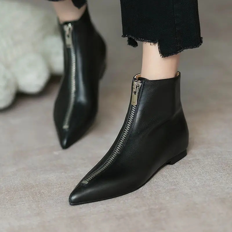 Leather Flat Short Shoes For Women Work Booties Black Footwear Female Ankle Boots Pointed Toe On Promotion Sale Comfortable P