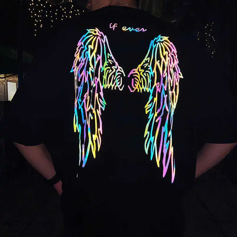 Reflective wings print men\'s T-shirt 2021 summer new ins loose student Korean version personality round neck short sleeves