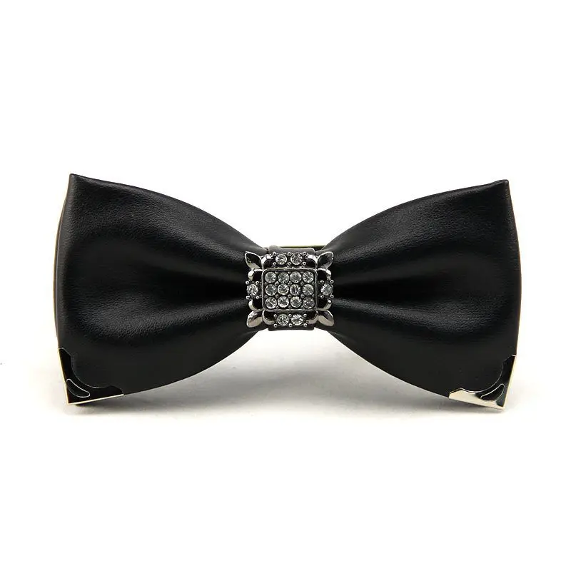 

Fashion men's PU leather handmade bow tie, trendy foreign trade metal diamond silver edge bow
