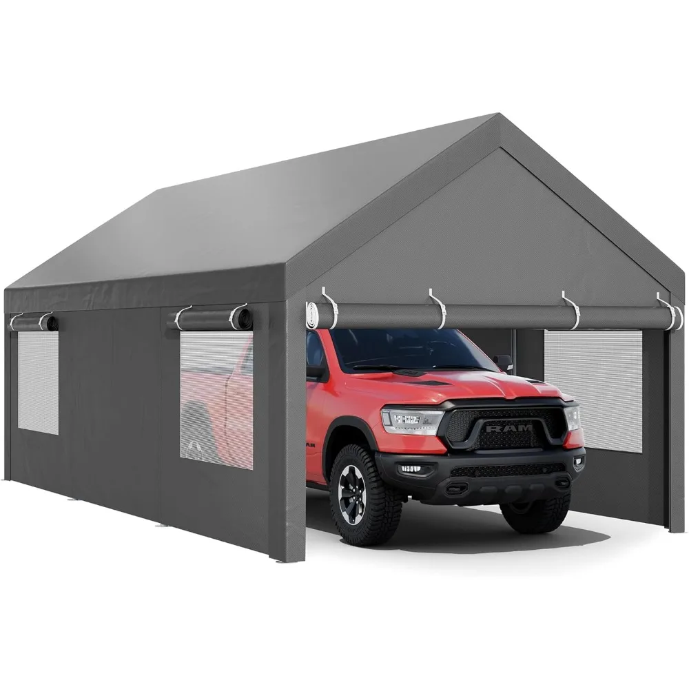 JY QAQA Carport، سيارة شديدة التحمل مقاس 12 × 20 قدمًا مع جدران وأبواب جانبية قابلة للإزالة، مظلة سيارة مع قماش القنب لجميع المواسم للسيارات، رمادي