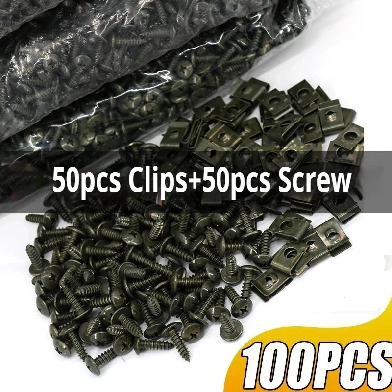 100Pcs-10Pc Mixed Car Metal Screw Tapping Fastener Clip U-Type Clip with Screw Anti-rust Protection Clip Screw Buckle Iron Sheet