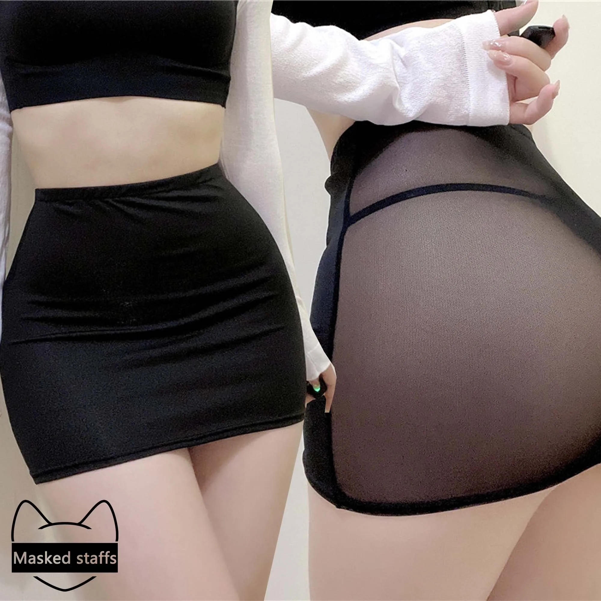MASKED STAFFS Elastic Milk Mesh Eye Splicing Fabric Low Waist Skirt Sexy Ultra Short Skirt