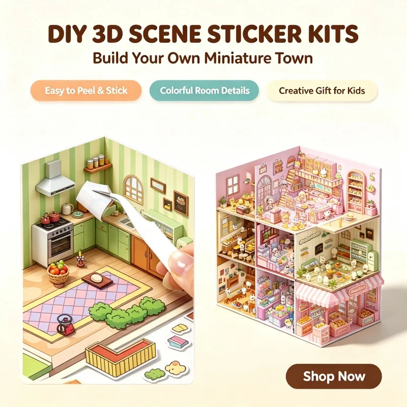 20Pcs 3D DIY Scene Stickers Set Kawaii Animal PET Waterproof Mini House Miniature World Bakery Restaurant Theme Mega Pack Gift