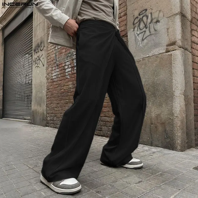 

INCERUN Men Irregular Pants Solid Color Joggers Elastic Waist Trousers Men Streetwear Loose 2026 Fashion Casual Male Long Pants