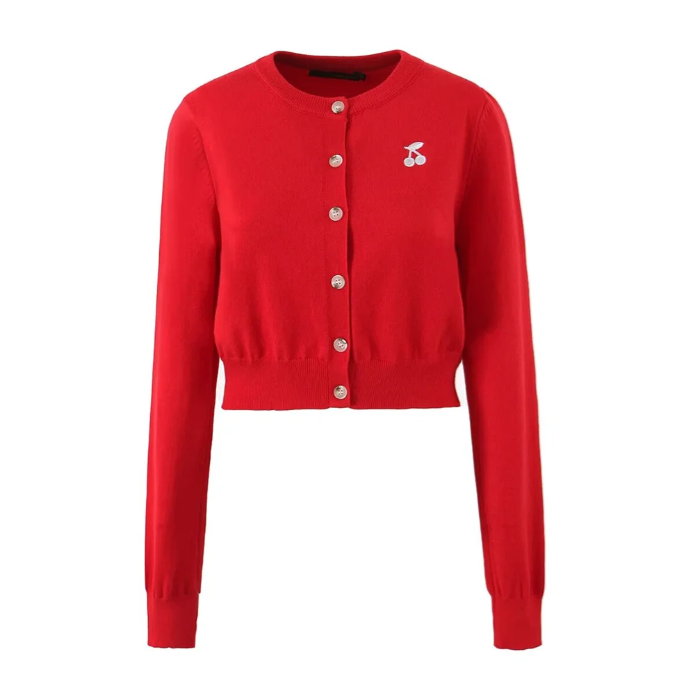 PB&ZA2024 summer new women\'s fashionable temperament slim fit casual versatile cherry embroidery knitted sweater