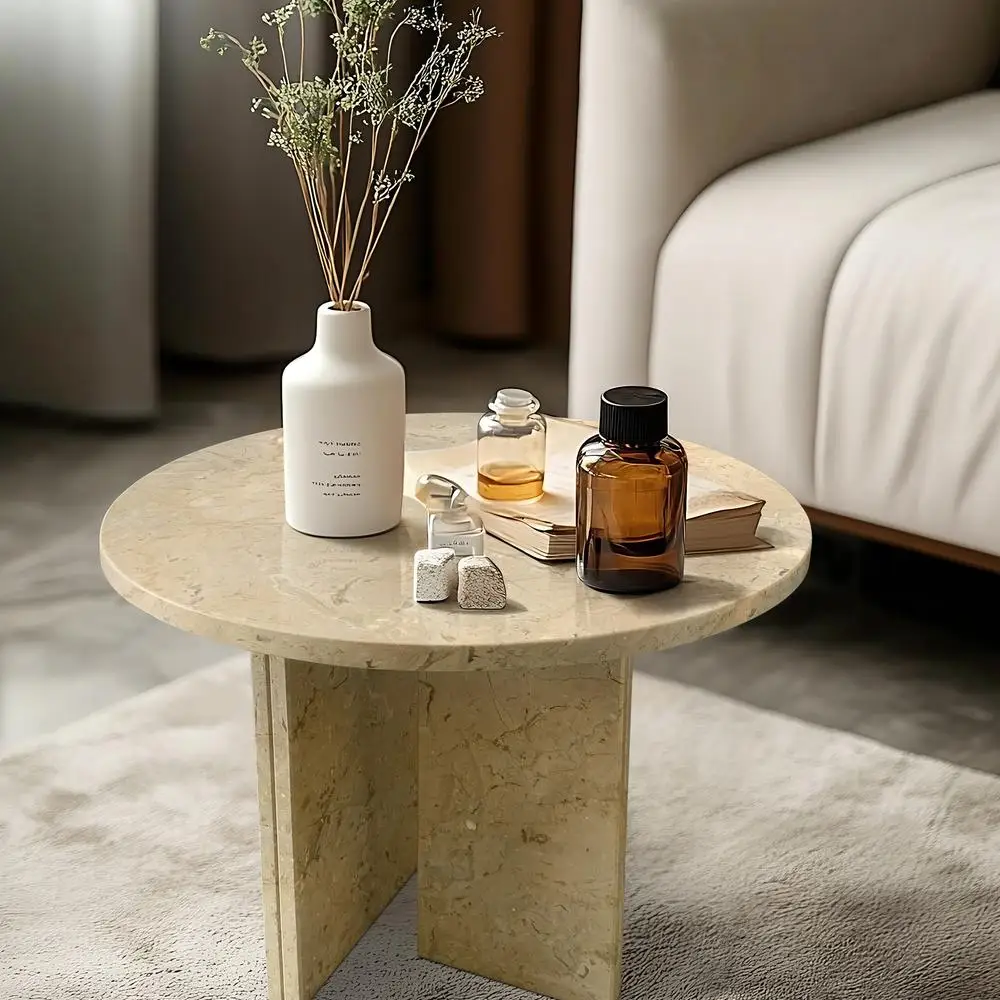 Mesa de centro de mármore natural dourado amarelo bege pequena sala de estar mesa de pedra com detalhes Ø17,7 x 15,8 polegadas mármore polido genuíno