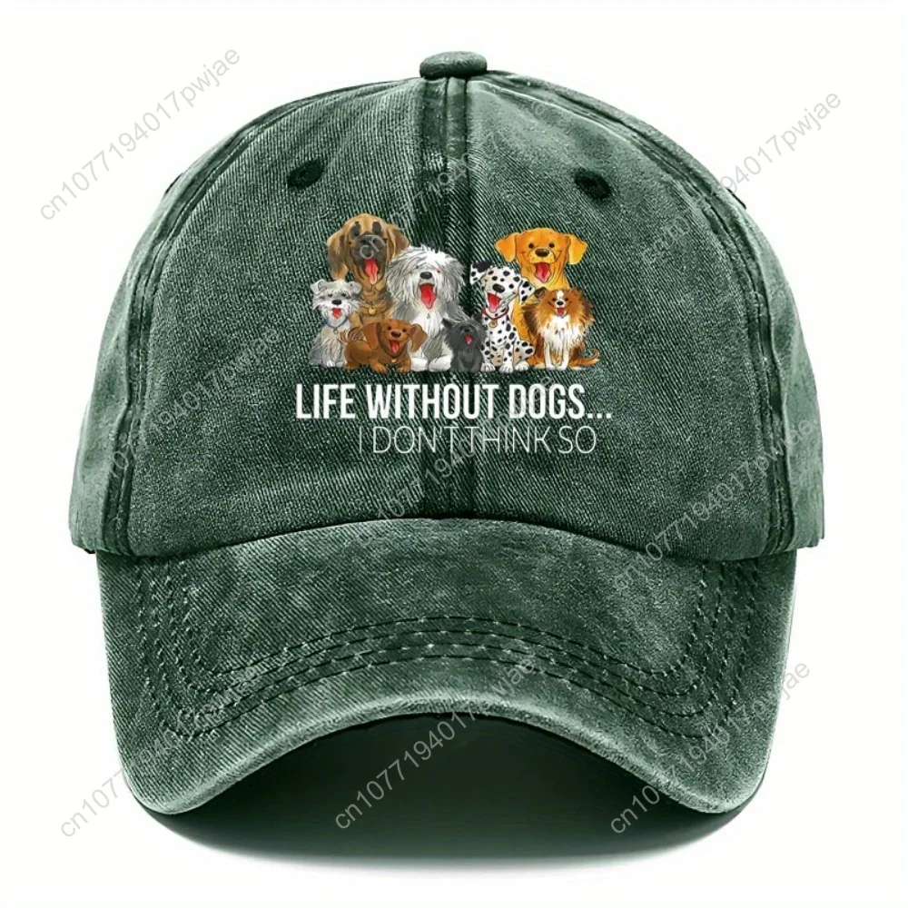 Een baseballpet voor mannen en vrouwen die zegt, "Leven zonder hond... Ik denk niet zo." Het is een veelzijdige softtop in vintage stijl S