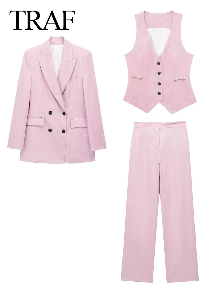 TRAF-Conjunto elegante de 3 piezas para mujer, Blazer de manga larga, pantalón holgado, chaleco de doble botonadura, trajes OL sólidos