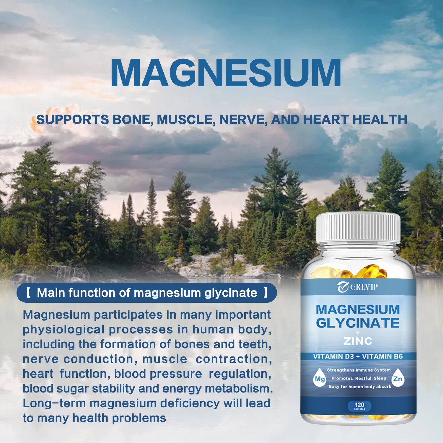 Magnesium Glycinate Supplement 500mg with Zinc,Vitamin D3 B6 High Absorption Support Muscle, Nerve, Joint and Heart Health