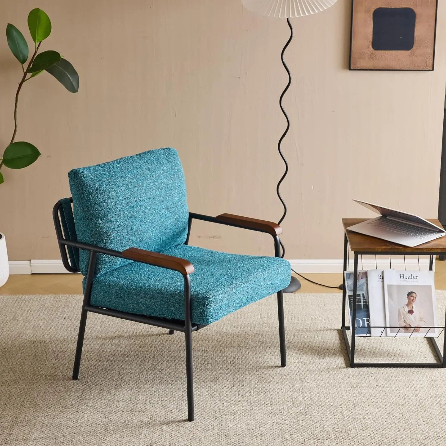 

Accent Chair，Mid-Century Modern Armchiar Small Space, Comfy Upholstered Leisure Chair with Wood Arms for Bedroom,Living