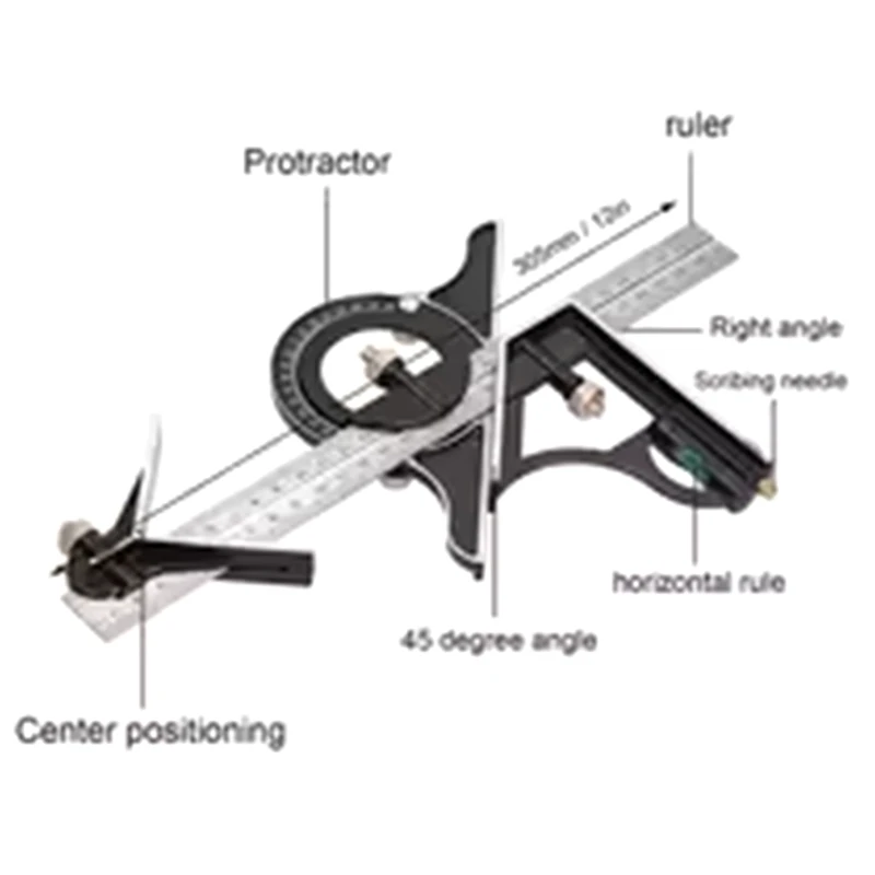 

3-in-1Woodworking Combination Square 300mm Adjustable Set - Measuring Ruler,Angle Finder & Protractor Tool for Carpentry [Y33A]