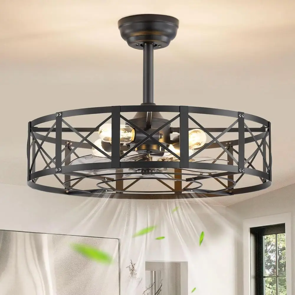 

23 Caged Ceiling Fan with Lights, 6-Speed Remote, Ideal for Kitchen & Bedroom - Black