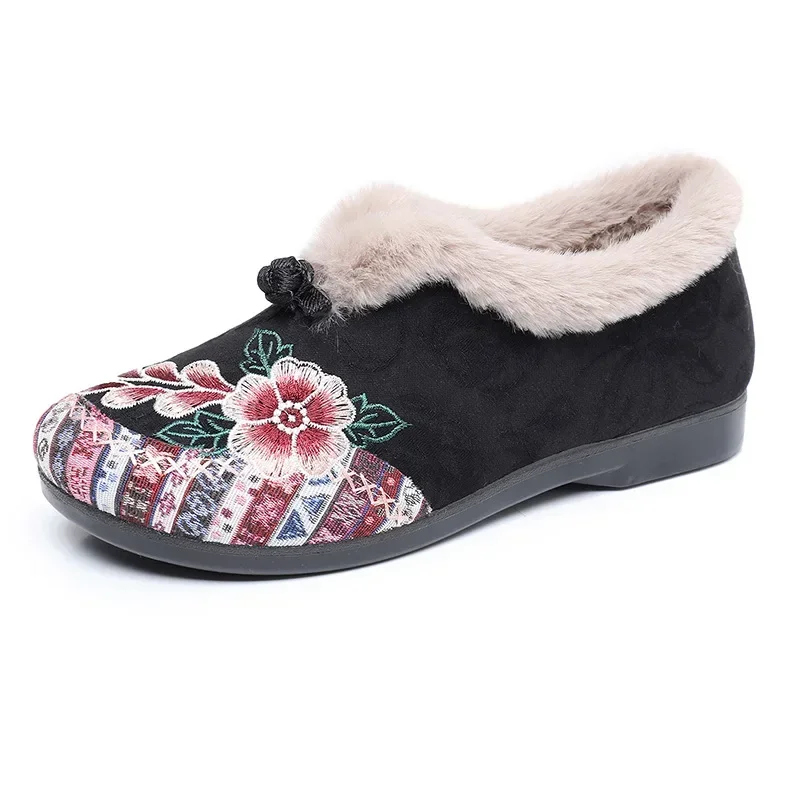 Women Short Plush Warm Winter Cotton Shoe Ethnic Embroidered Round Toe Flat Heeled Loafers Comfort Non-Skid Retro Mom Shoes