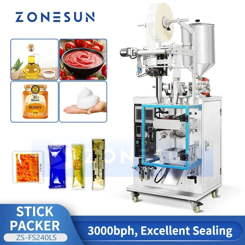 ZONESUN Macchina per il rifornimento e la sigillatura di liquidi Imballaggio di bustine Ketchup Salsa di pasta Miscelazione di pacchetti Riscaldamento Codifica ZS-FS240LS