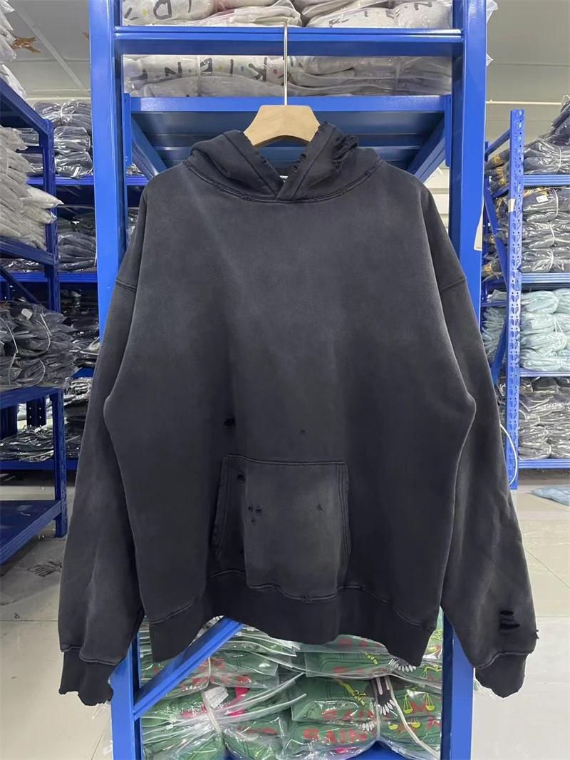 

New VTG Saint Letter Logo Print Washed Hoodie Cotton Casual For Men Women Hip Hop Oversize High Street Damaged Hole Streetwear