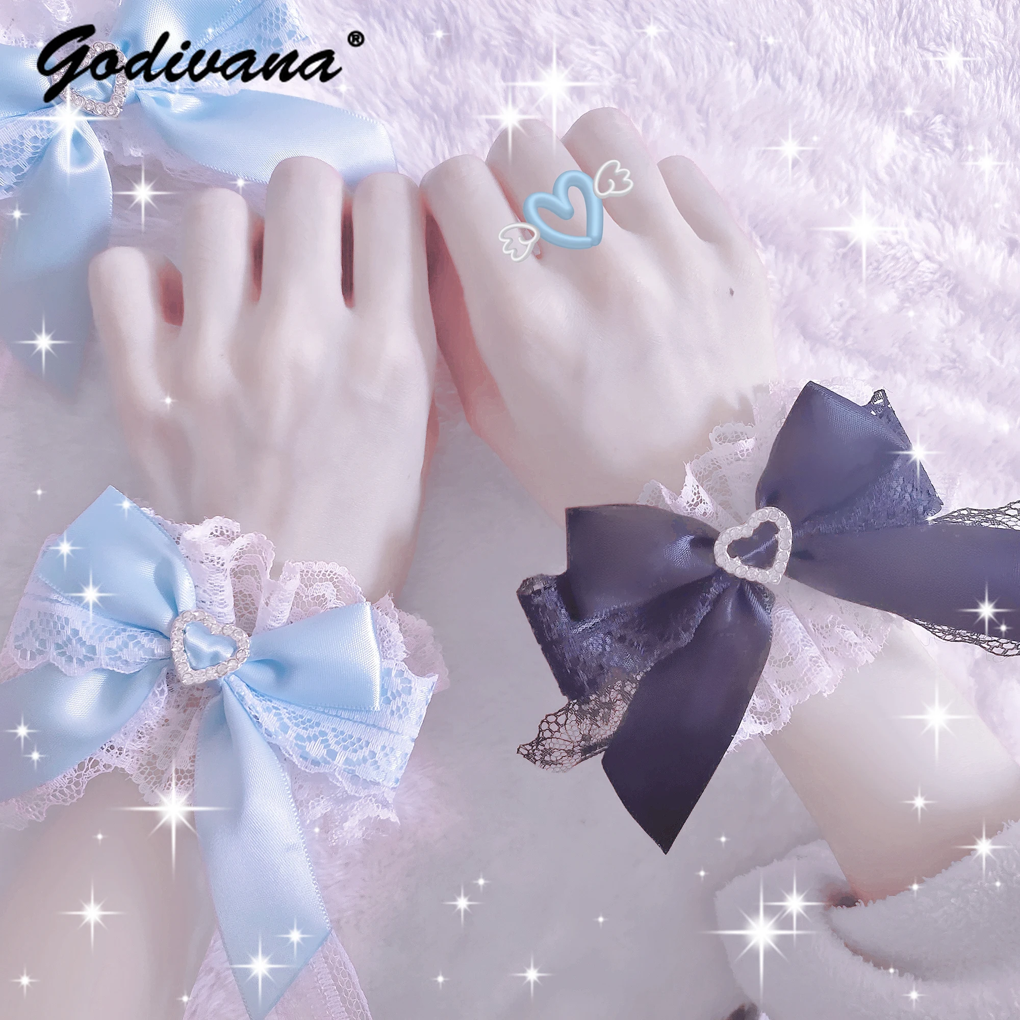 

Japanese Style Mine Lolita Bracelet Sweet Lace Love Heart Bow Tie Girl's Bracelets Rhinestone Oversleeves Bracelet for Women