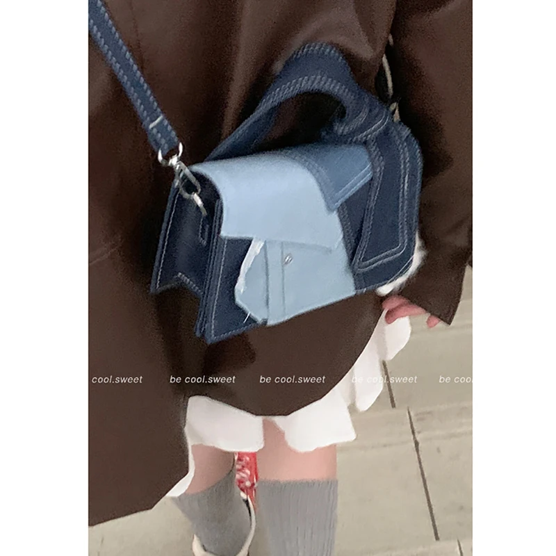 Fashion Contrast Color Denim Patchwork Crossbody Bag Women\'s 2024 Design Sense Portable Small Square Bag Popular Shoulder Bag