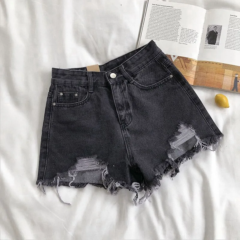

New Summer Women's Ripped Denim Shorts New High-waisted Solid Color Relaxed-fit Slimming Korean-style Wide-leg Versatile Pants
