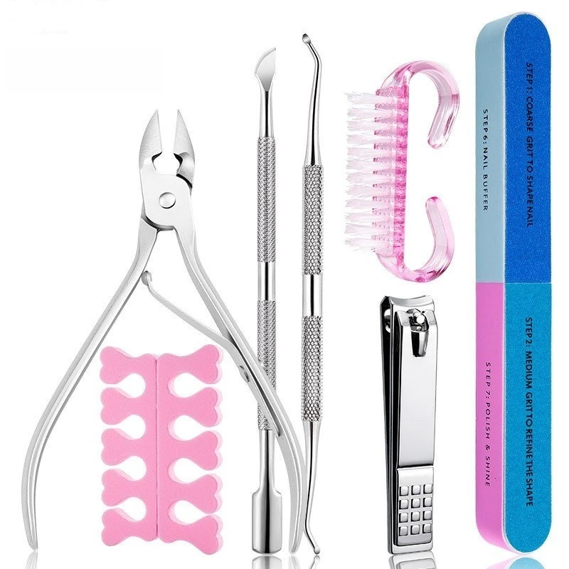7pcs Professional Nail Art Kit with 100/180 Grit Files,Buffer Sponge,Scissors,Cuticle Nippers & Pushers - Gel Polish Tools