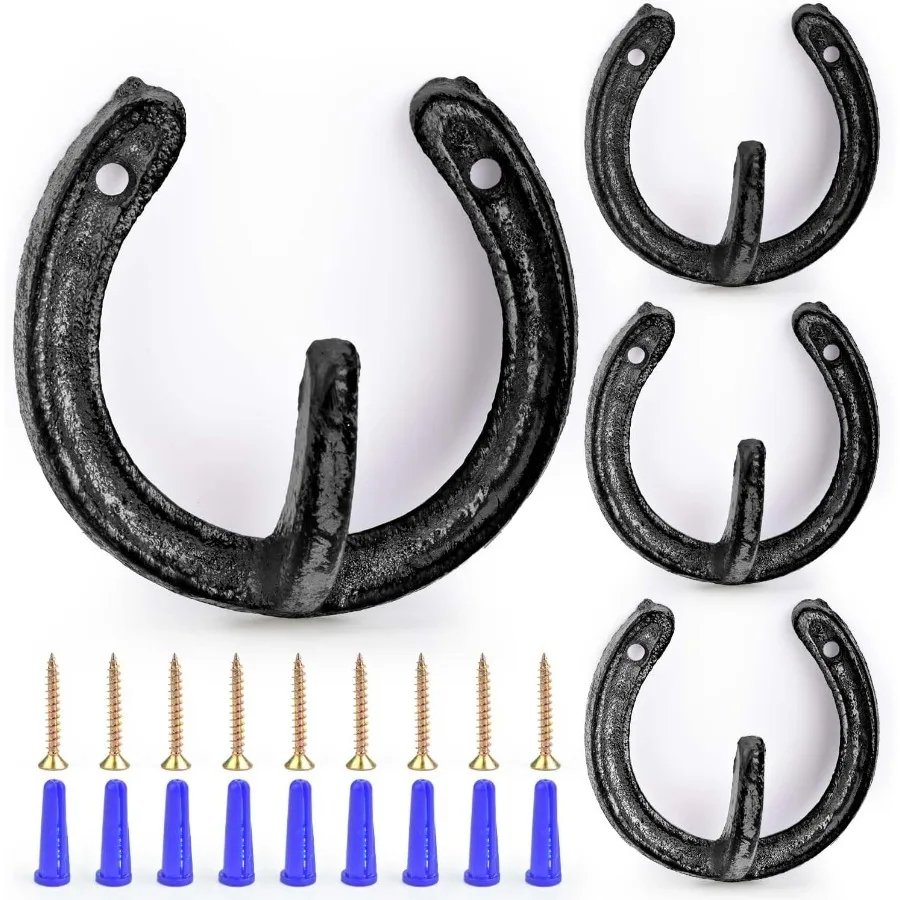

4 PCS Coat Hooks Cast Iron Wall Hooks Horseshoe Hooks Vintage Hanger for Hanging Coat Hat Bags Key Towel Black
