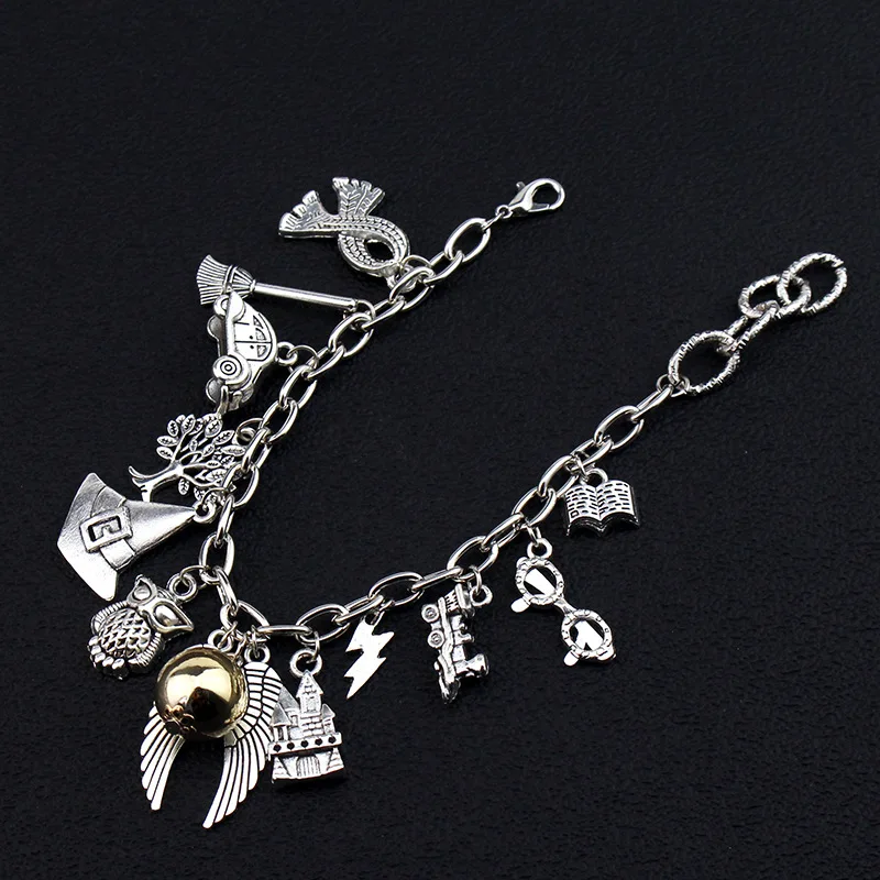 Magic Harried Golden Snitch Combination Bracelet Hogwarts Potters School Magic Hat Quidditch Chain Owl Glasses Broom Gift