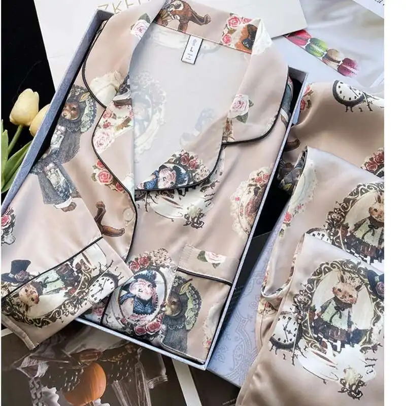 2024 New Animal Cartoon Ice Silk Two Piece Set Pajamas Women High-end Long Sleeved Pants Nightgown Sleepwear Rabbit Nightwear