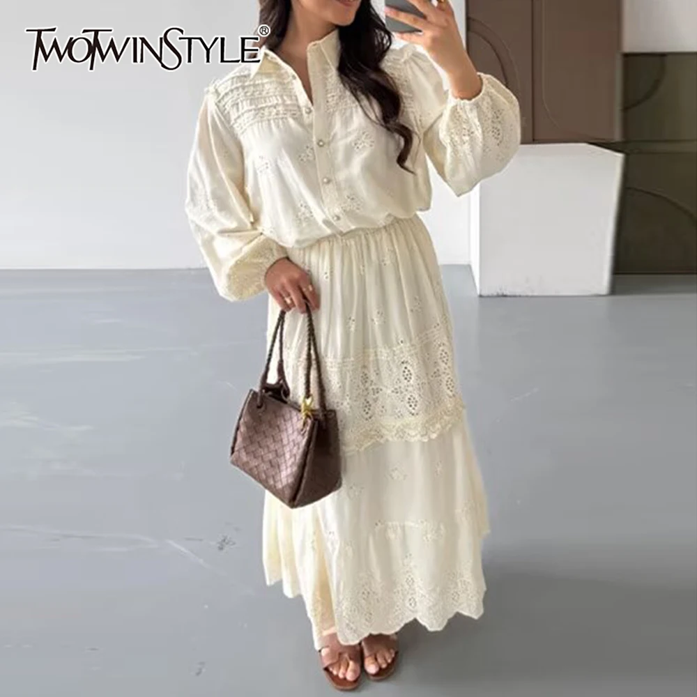 

TWOTWINSTYLE Elegant Two Piece Set for Women Lapel Long Sleeve Spliced Lace Top High Waist A Line Skirt Solid Casual Suit Female