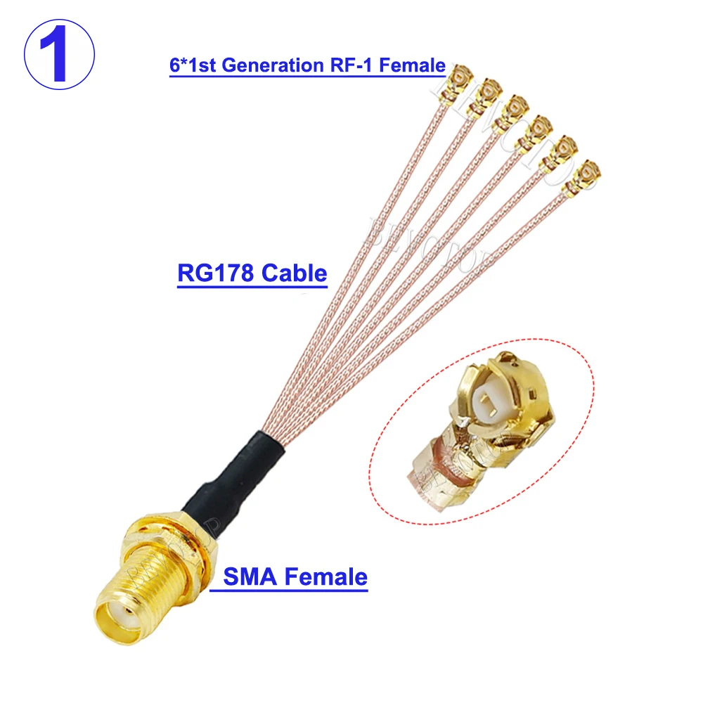 1PCS SMA to 6*Splitter IPX-1 RP-SMA / SMA Female to 6 *IPX-1 Female RG178/ RF1.13 Cable WIFI Antenna Extension Jumper Pigtail