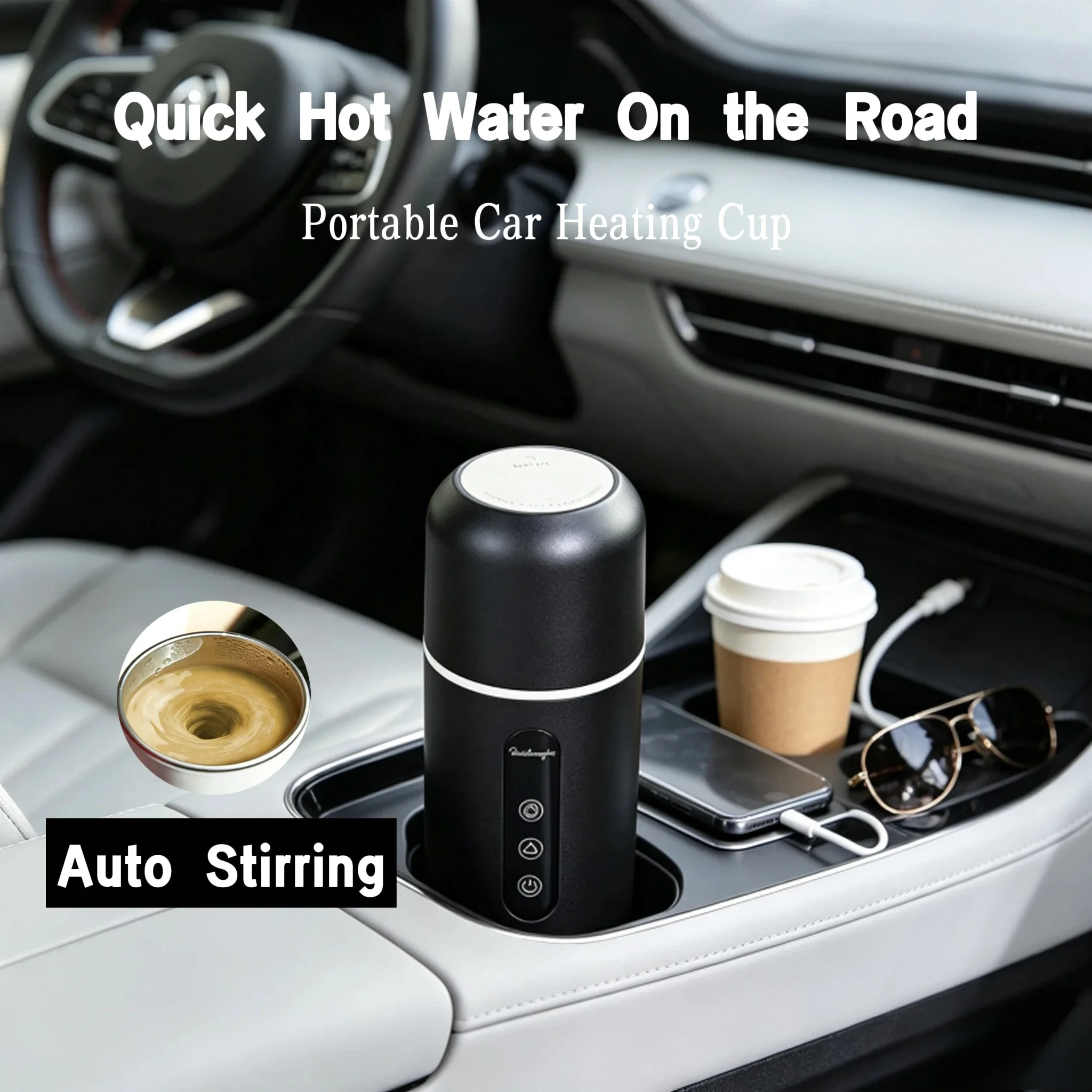Car Auto‑Stir Heating Kettle 304 Steel Adjustable Temp Boiling Water Mug Travel Coffee Thermos for Car Truck RV Road Travel