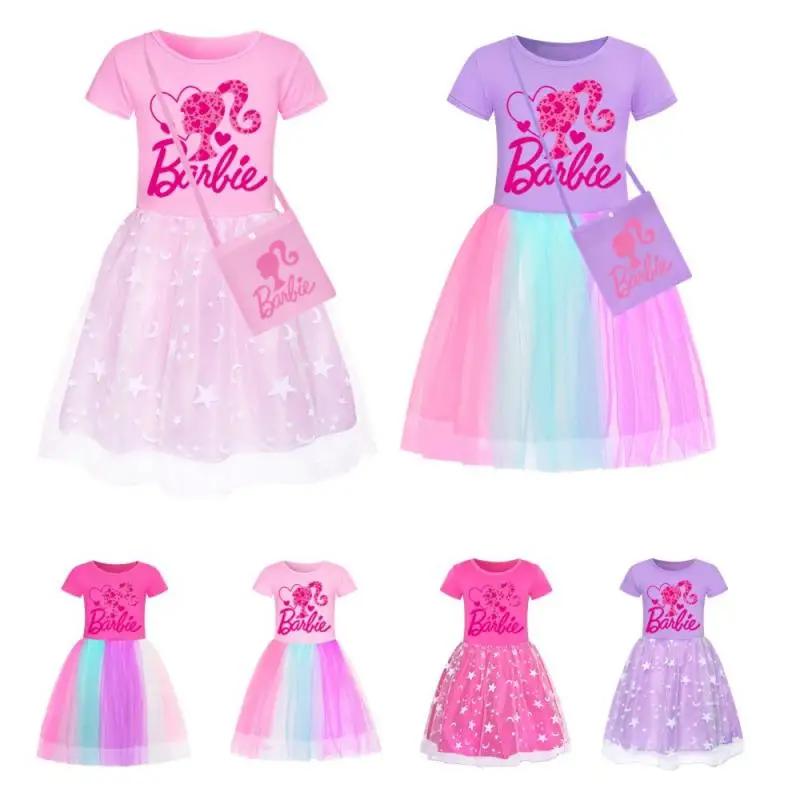 Vestido de princesa kawaii Barbie para meninas, desenhos animados anime, manga curta, saia tutu malha de renda, vestidos de festa, presente para crianças, verão