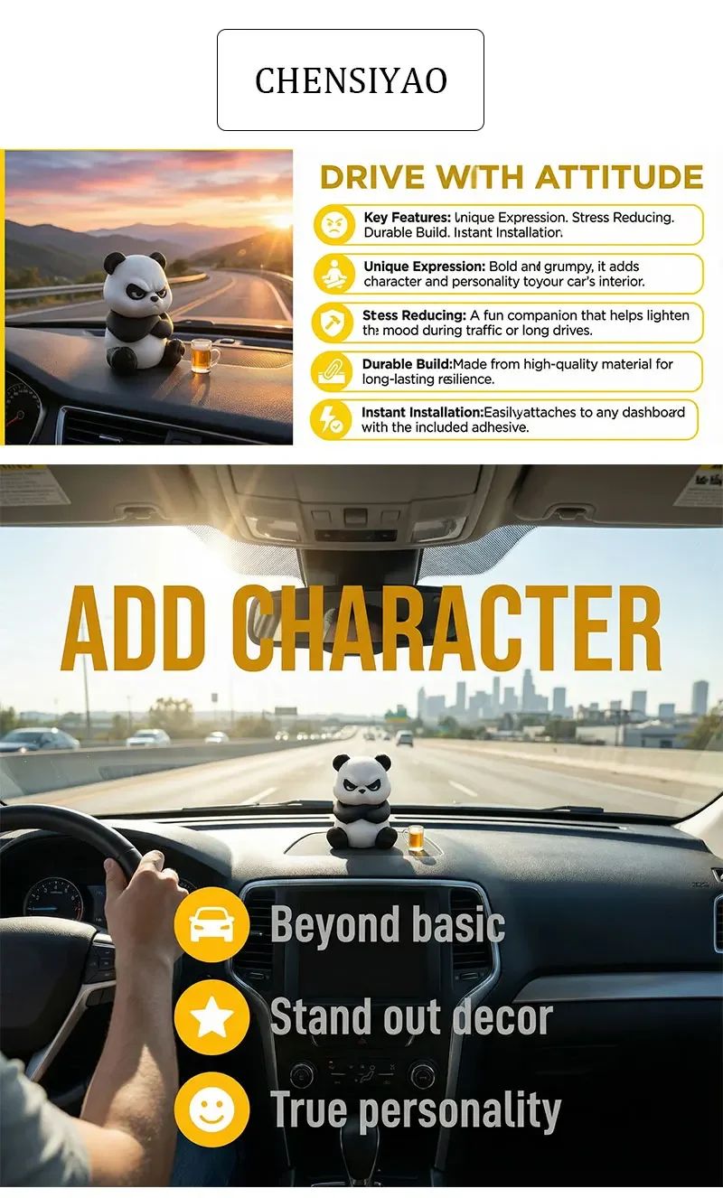 Lustiger 3D-gedruckter wütender Panda als Auto-Armaturenbrett-Deko, niedliche Auto-Accessoires zur Stresslinderung, Ornamente für Auto und Schreibtisch zu Hause. – Detail 1