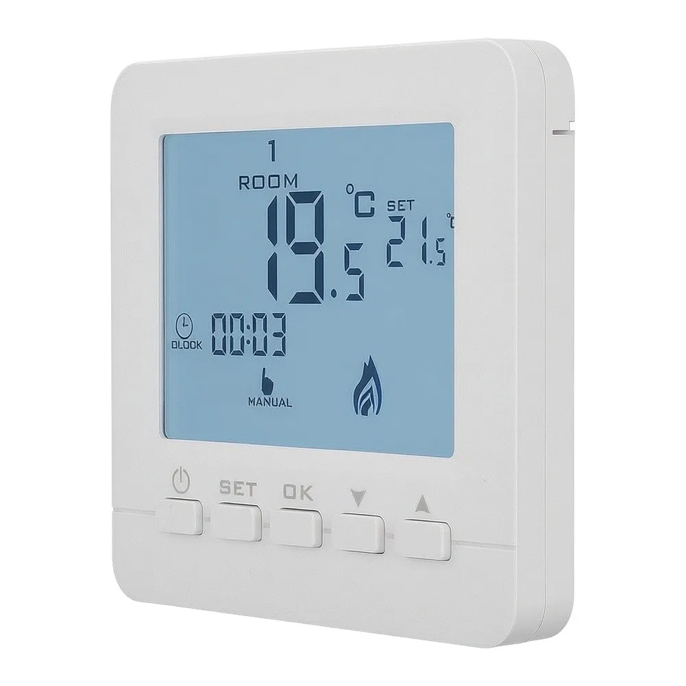 Hydronic Underfloor Heating LCD Thermostat with Clear Display and User-Defined Temperature Scheduling Features