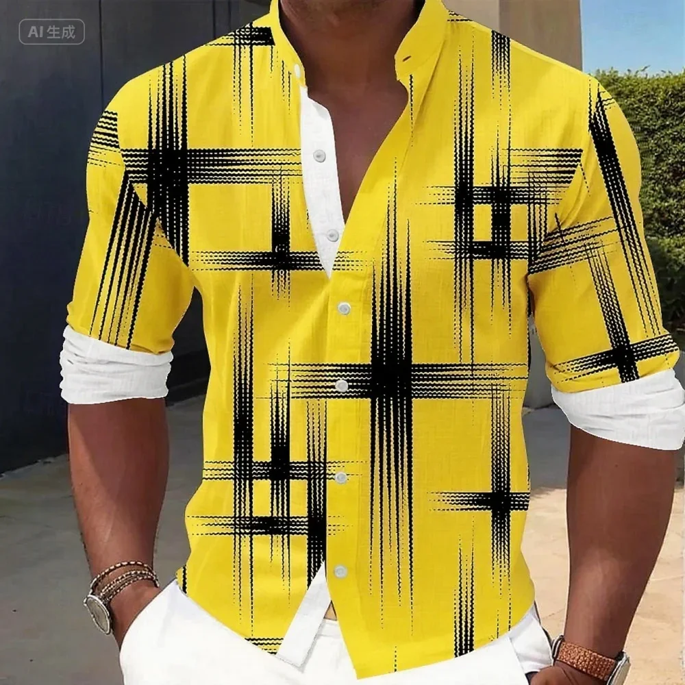 Men's Gradient Graphic Contrast Color 3D Print Casual Long Sleeve Lapel Button Shirt Men's Slim and Simple Business Top