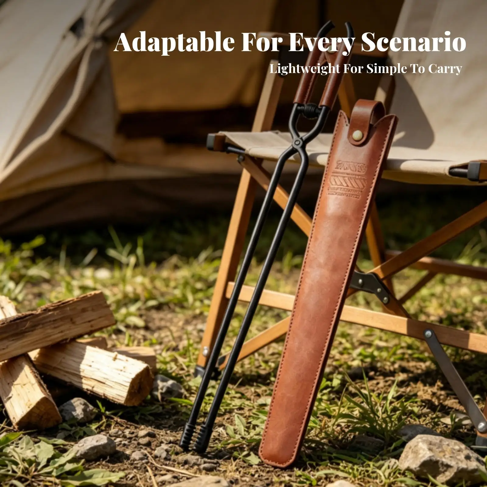 Fire Tongs with Leather Sheath Spring-Loaded Fire Tongs Log Grabber Long-Handled Heavy-Duty for Campers, Camping