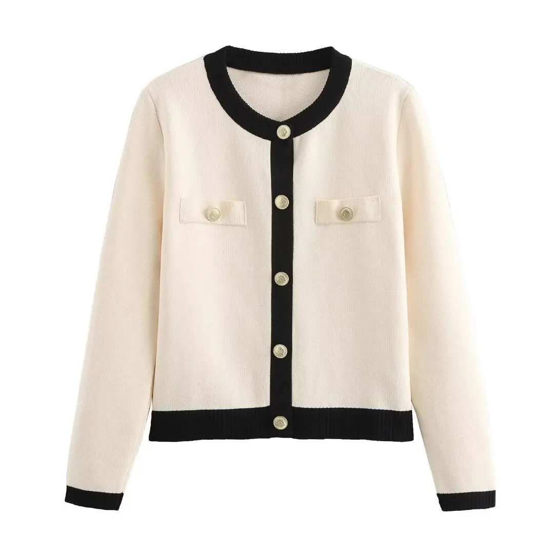 2024 Autumn New Product Women\'s Wear Gold breasted Long Sleeve Black and White Round Neck Knitted Cardigan Sweater Coat