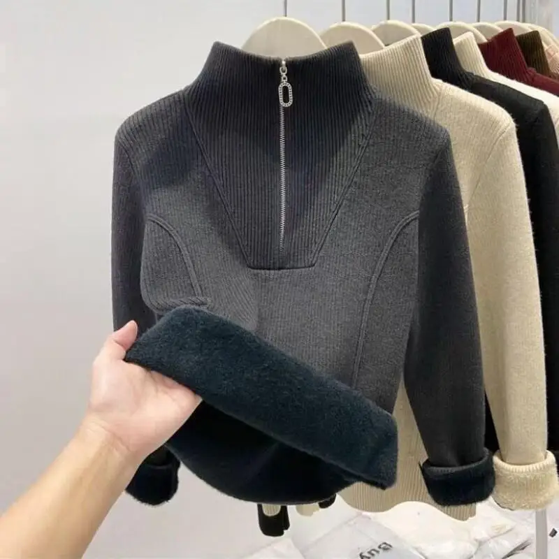 

Fashionable stand up collar half zipper warm sweater, thickened one-piece velvet sweater, women's autumn and winter base sweater
