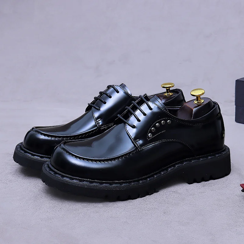 Danielwolf 25877 Men's round Head Cowhide Leather Shoes Height Increasing Glossy Finish Breathable Thick Sole Derby Style