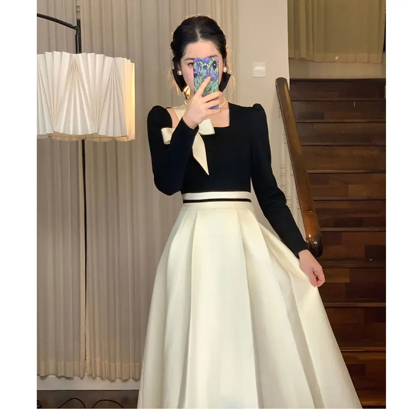 Elegant Hepburn Women Dresses 2024 Spring Korean Fashion Chic Square Collar Bow Long Sleeve Vestidos Patchwork Prom A Line Dress