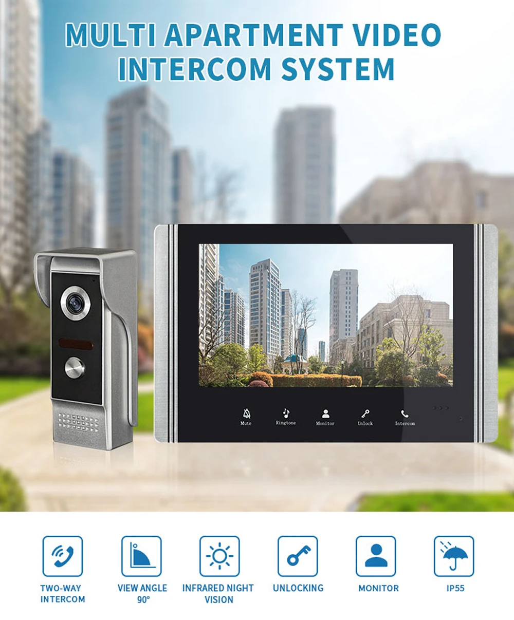 New  7 Inch Wired Video Intercom With Camera Doorbell Waterproof Apartment Security Protection Private Residential