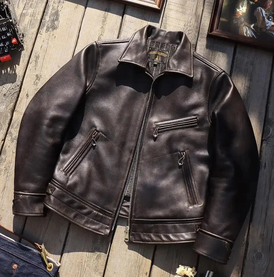 Shop Best.100% genuine thick Uncoated cowhide.Classic Rider Heavy leather jacket.Men protective coat.Vintage style