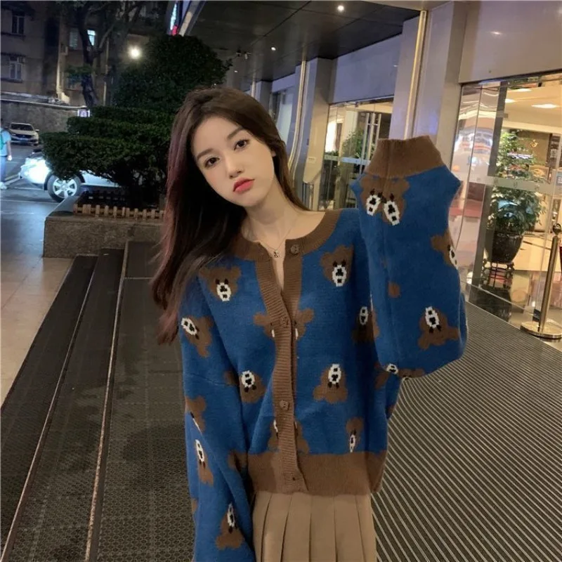 Knitting Cardigan Little Bear Coat Women Autumn Winter Loose Trend O-neck Long Sleeve Sweater Sweet All-match Cute Knitwear Tops