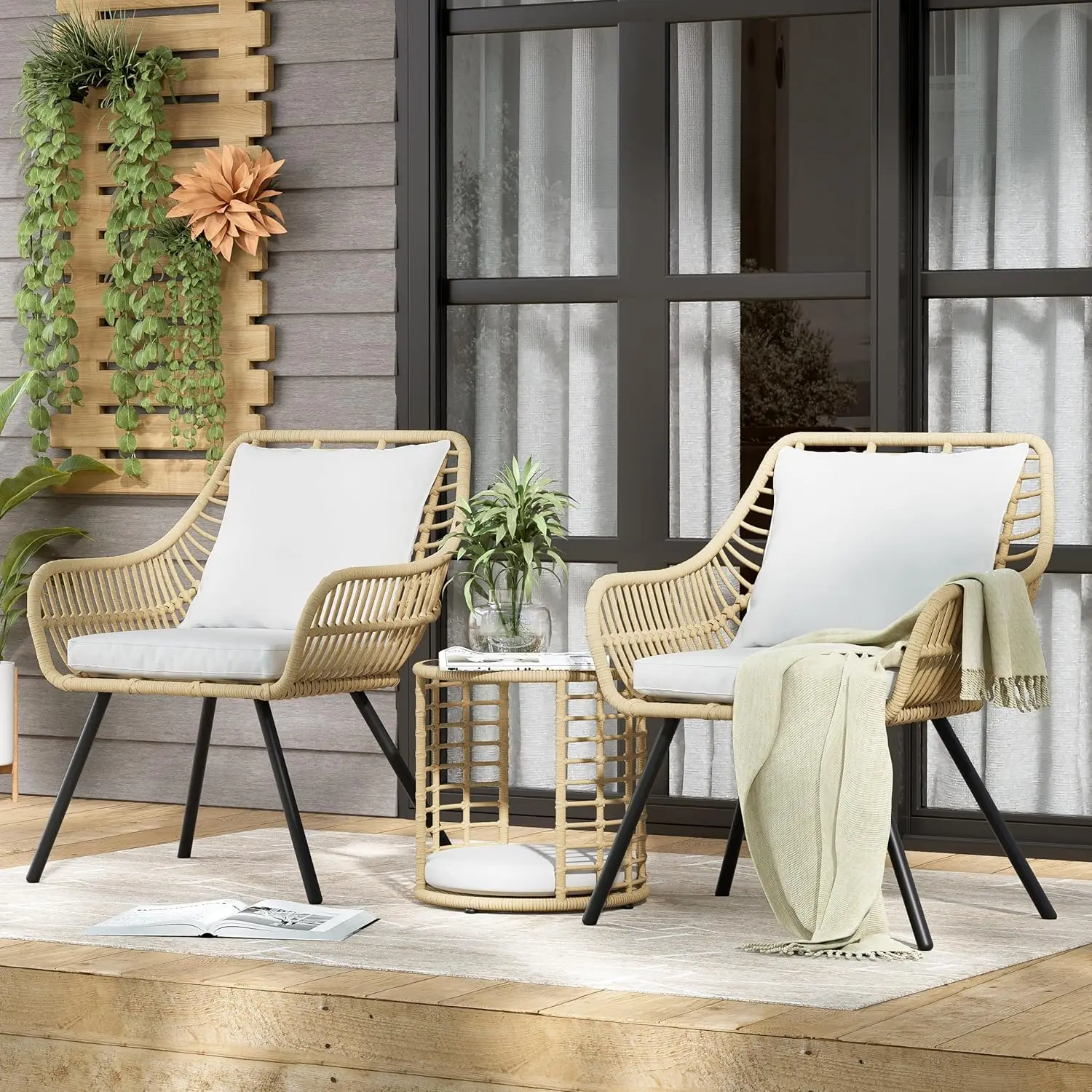 3 Piece Patio Bistro Set, White Wicker Patio Furniture, Apartment Patio Furniture with Round Glass Top Coffee Side Tabl