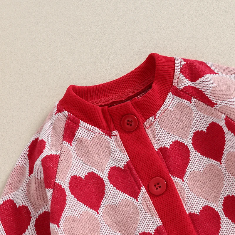 Baby Girl Cute manica lunga Button Down Heart Print Knit pagliaccetto tuta Top Infant Valentine maglione