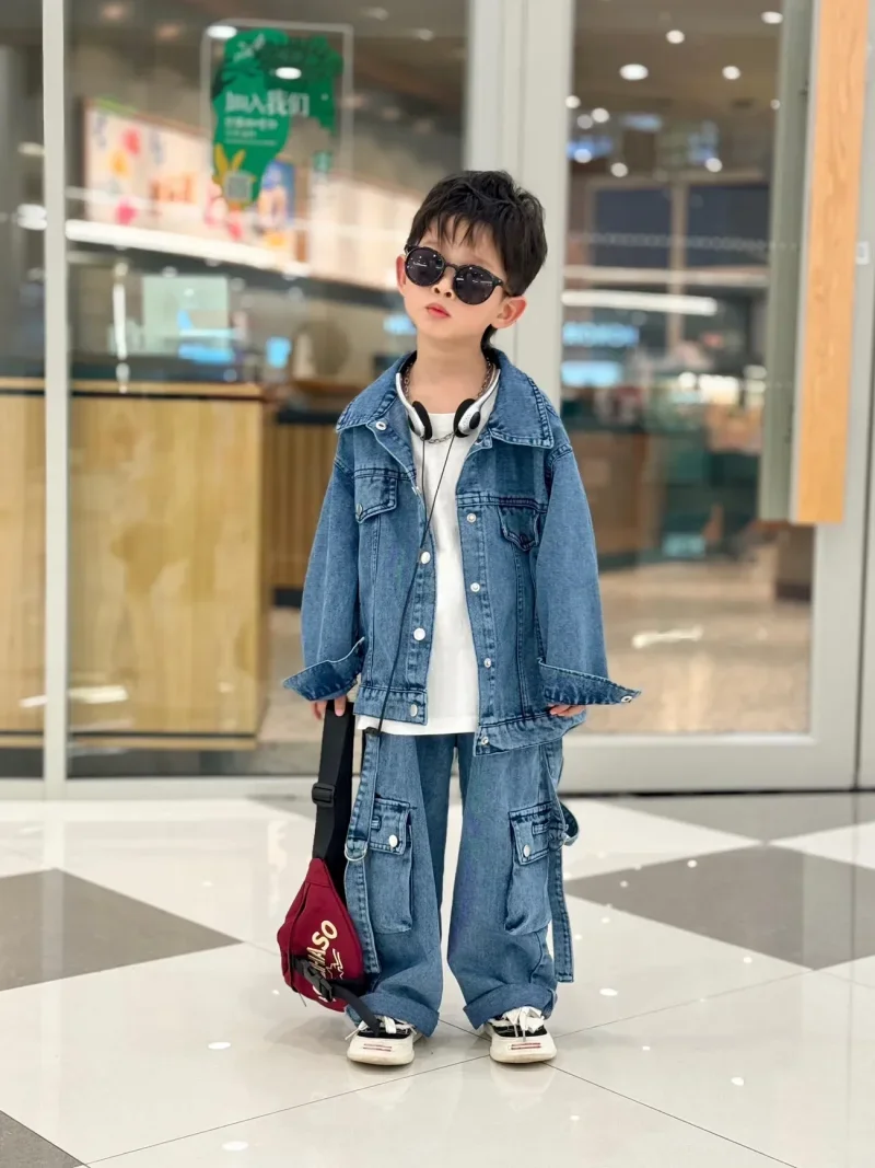 Boys Blue Denim Coat + Cargo Pants Kids Suits Cotton 2PCS/Set 2024 Spring Autumn Sportswear Suit Tracksuits Outfits Boys Clothes