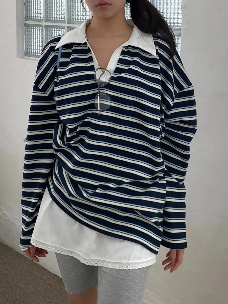 

JLins Dongda Gate Miu Series Loose Long Sve Striped T-irt Color Blo Youthful Sle for Young Women Commute Wear