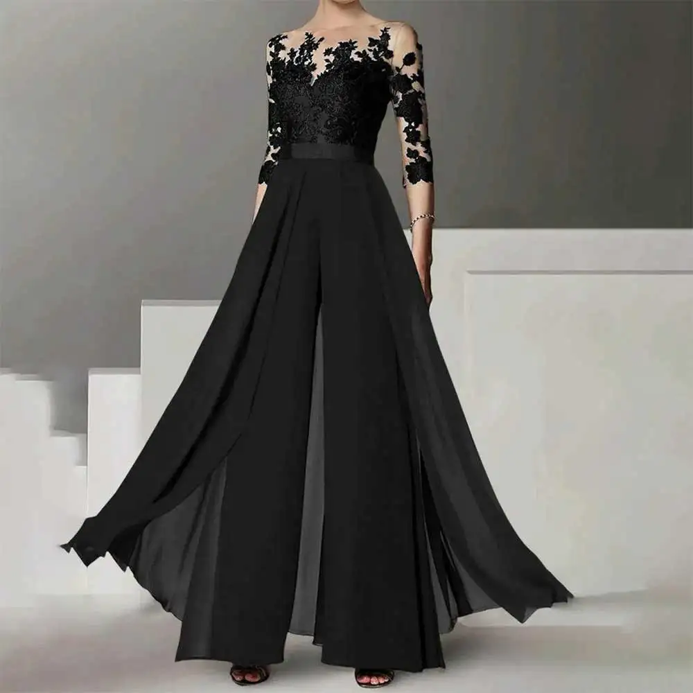 Modieuze avondjurk in broekstijl met riem en delicate appliqué, galajurk met halve mouwen, bruidsmeisjesjurken